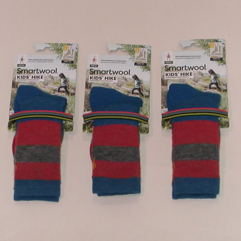 3 Pairs SmartWool Kids Hike Full Cushion Striped Crew Socks LG Laguna Blue NWT